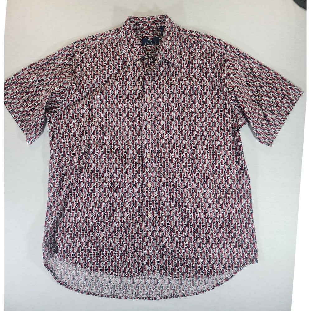 Enro Mens Large Short Sleeve Button Down Shirt Geometric Red Navy Blue Cotton
